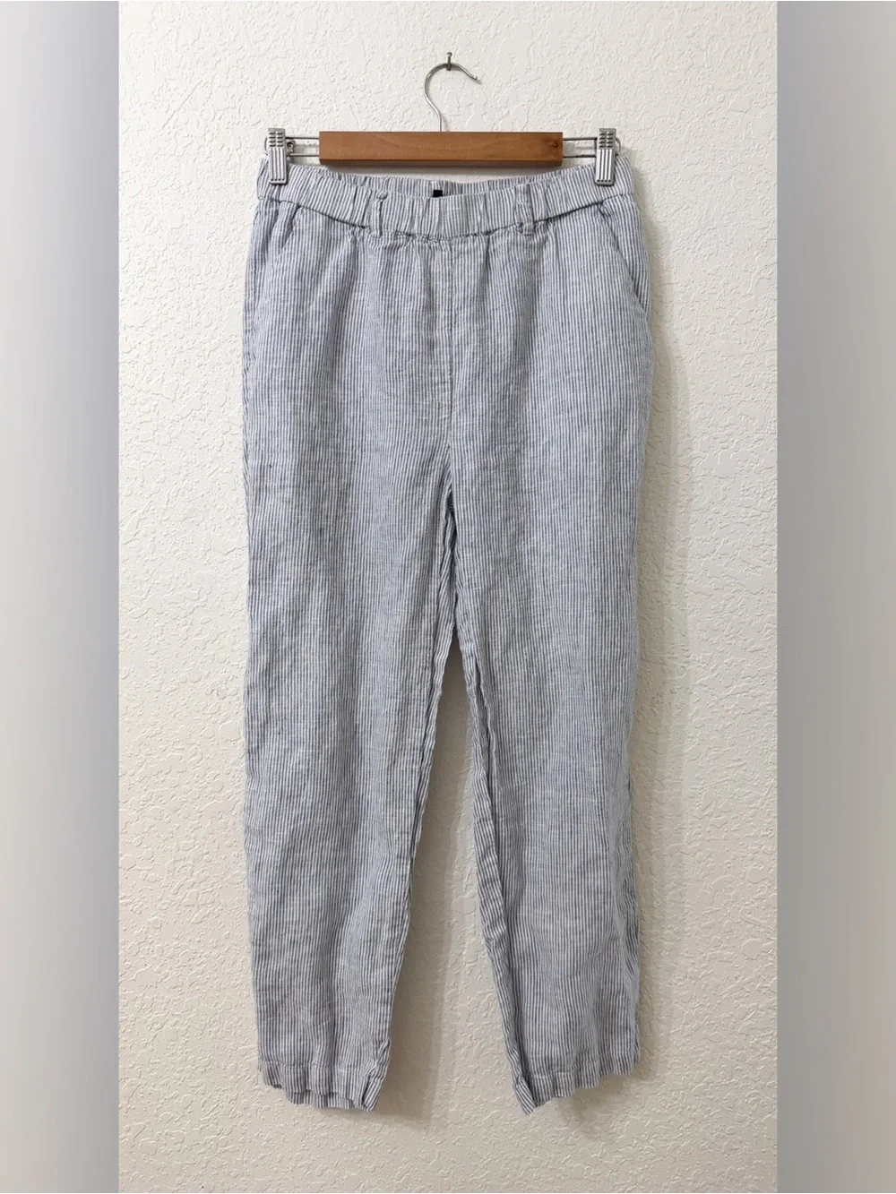 Quince Light Blue Pinstripe Womens Linen Blend Casual Pants - S